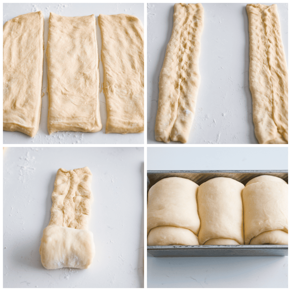 The softest, fluffiest, most delicious bread you'll ever have! Japanese milk bread is a game-changer and will have you in love at first bite. 4-photo collage of the dough being shaped and arranged.