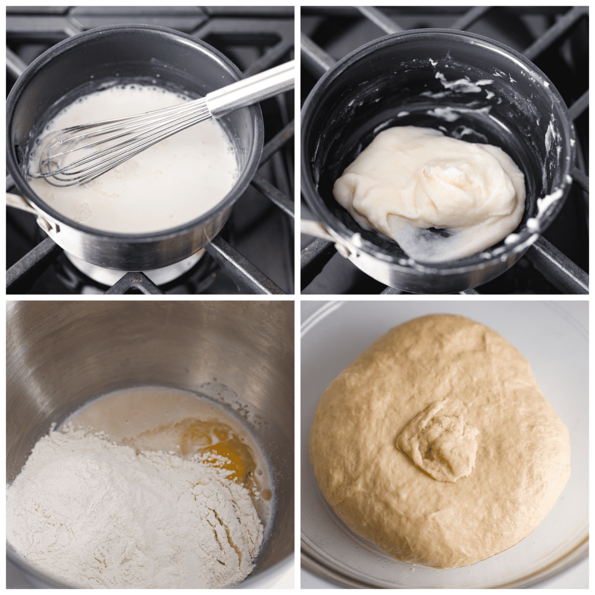 The softest, fluffiest, most delicious bread you'll ever have! Japanese milk bread is a game-changer and will have you in love at first bite. 4-photo collage of the tangzhong and dough being prepared.