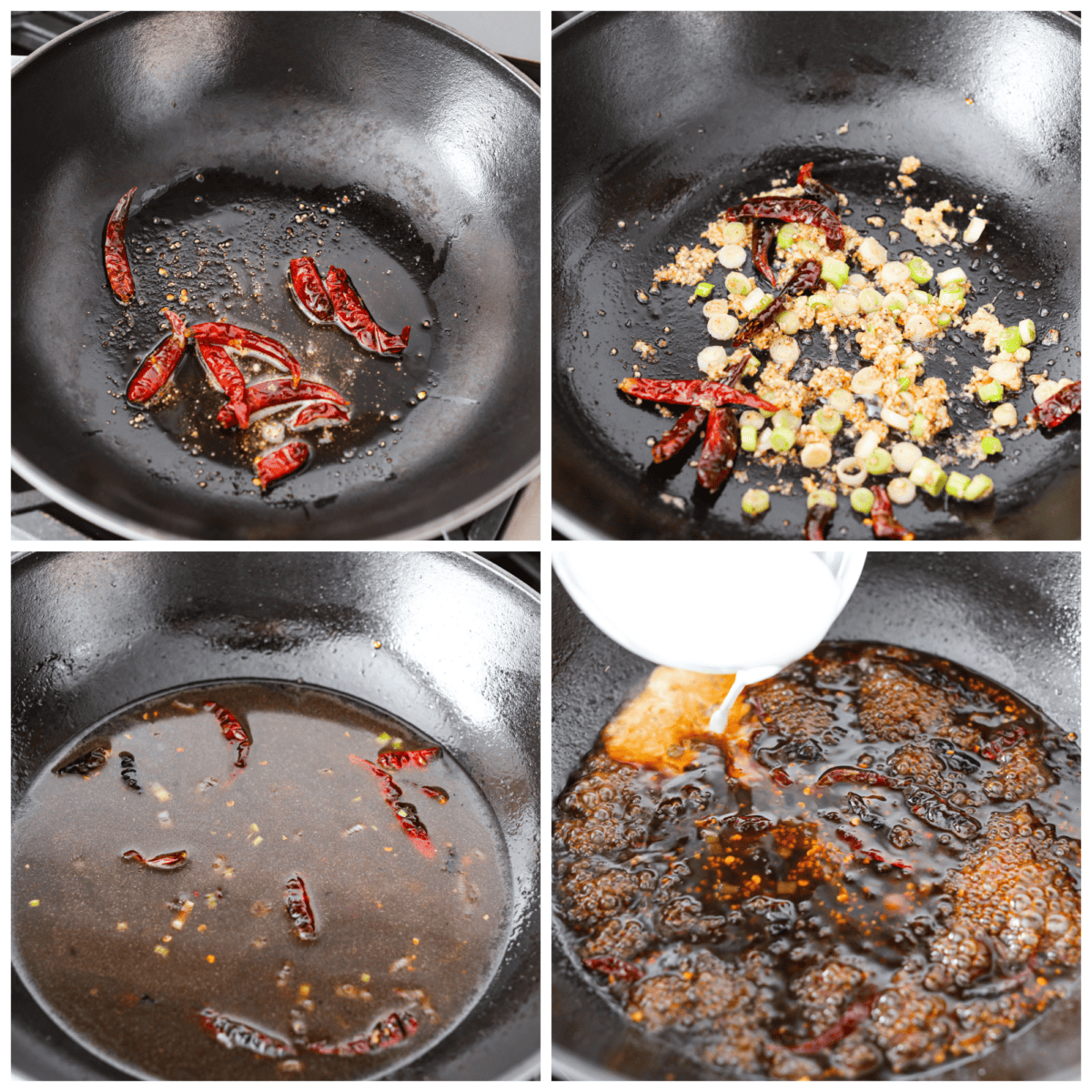 Sweet, sour, and spicy, Kung Pao Sauce is easy to make and the perfect addition for your Chinese-inspired dishes. This homemade version is so flavorful, you'll never want store-bought again! 4-photo collage of all of the sauce ingredients being combined.