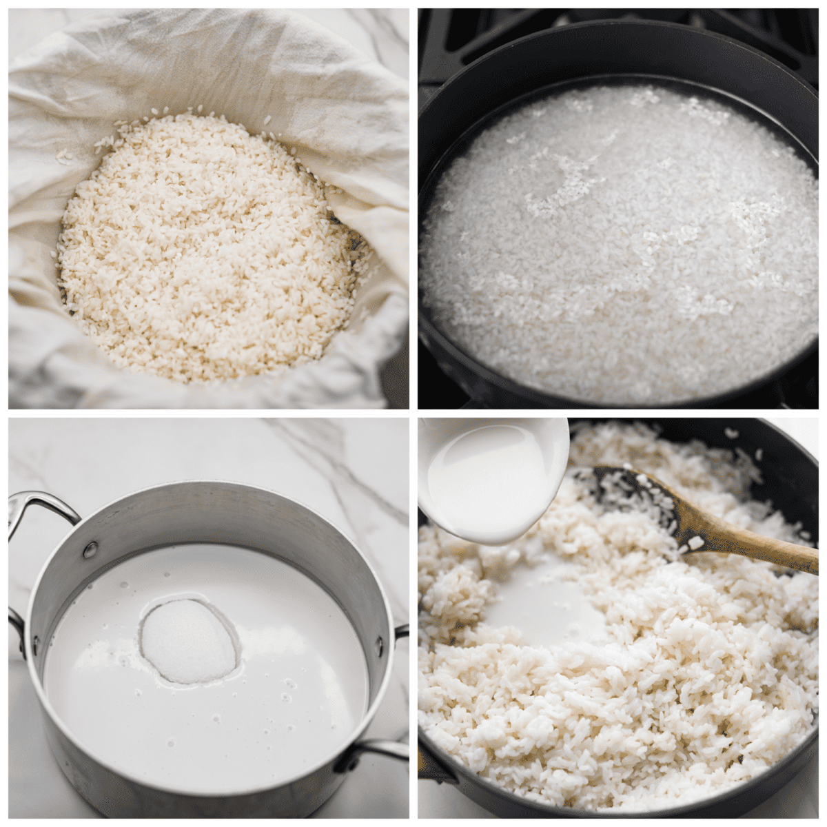 Dive into this irresistible mango sticky rice! Warm coconut sauce, fluffy rice, and juicy mangoes - an iconic Thai dessert made with love in your own home. 4-photo collage of the rice and sauce being prepared.