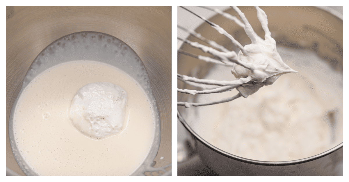 Two of my favorite things combined: marshmallow fluff and fresh whipped cream! It's perfect for adding to your favorite desserts, and is so good, you'll want to eat it straight from the bowl. 2-photo collage of the mixture being whipped until it reaches medium peaks.