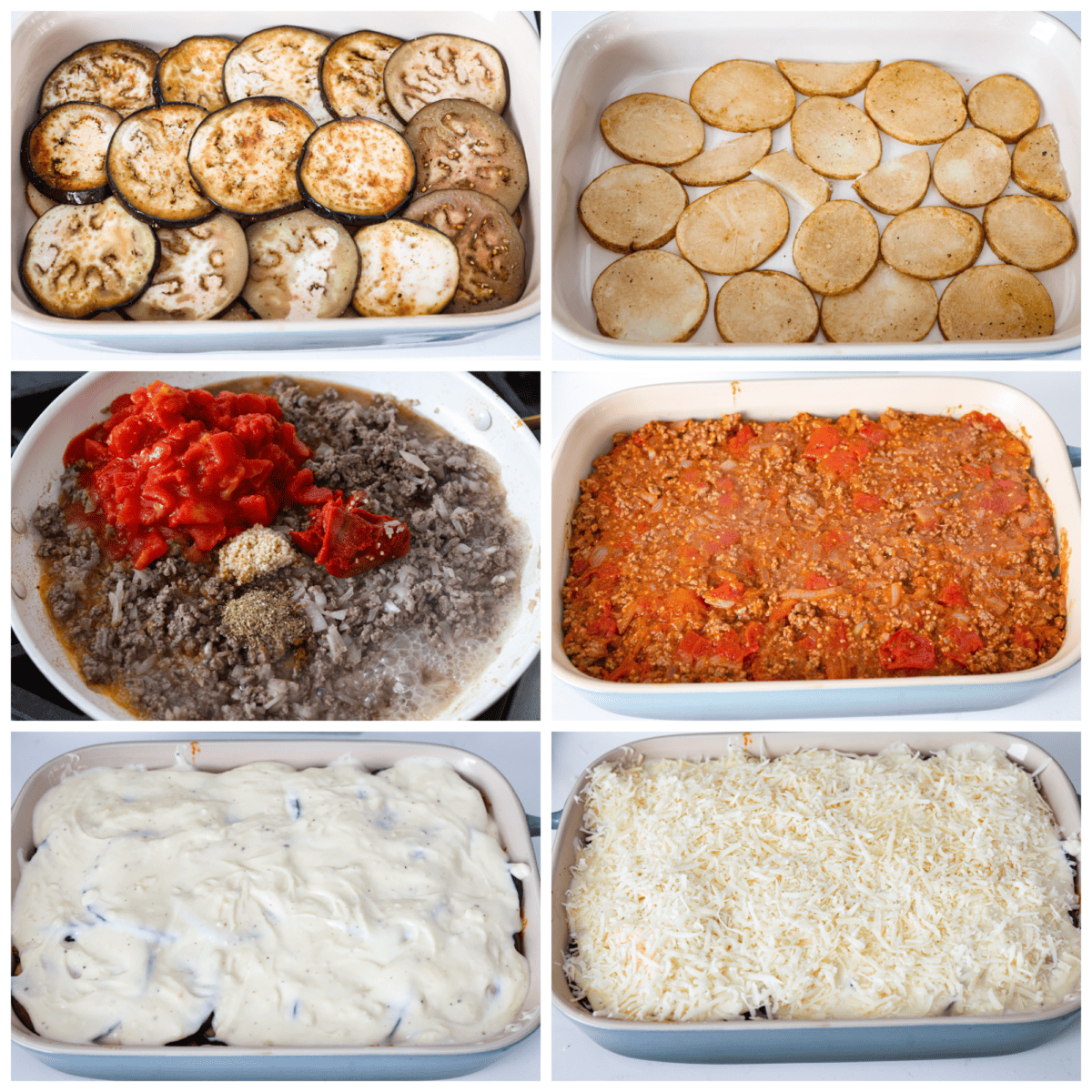 Moussaka is a hearty, delicious dish perfect for a special occasion or a weeknight meal. If you've never tried it before, you're in for a treat! It's made with layers of eggplant, potatoes, meat sauce, and bechamel sauce, and baked until the crust is golden brown. Everyone at the dinner table will be blown away! 6-photo collage of the meat and vegetables being layered in a baking dish.