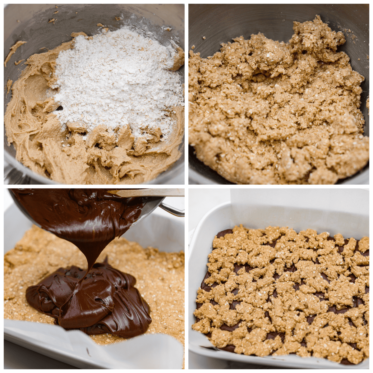These thick indulgent oatmeal fudge bars left me speechless! Creamy homemade fudge sandwiched between two oatmeal cookie layers. You will love the texture of the oatmeal bars that pairs perfectly with the rich chocolate fudge. First photo of the dry ingredients added to the wet ingredients in a mixing bowl. Second photo of the mixed oatmeal cookie dough. Third photo of the fudge pouring on the cookie base. Fourth photo of the top layer of cookie dough scattered on the fudge.