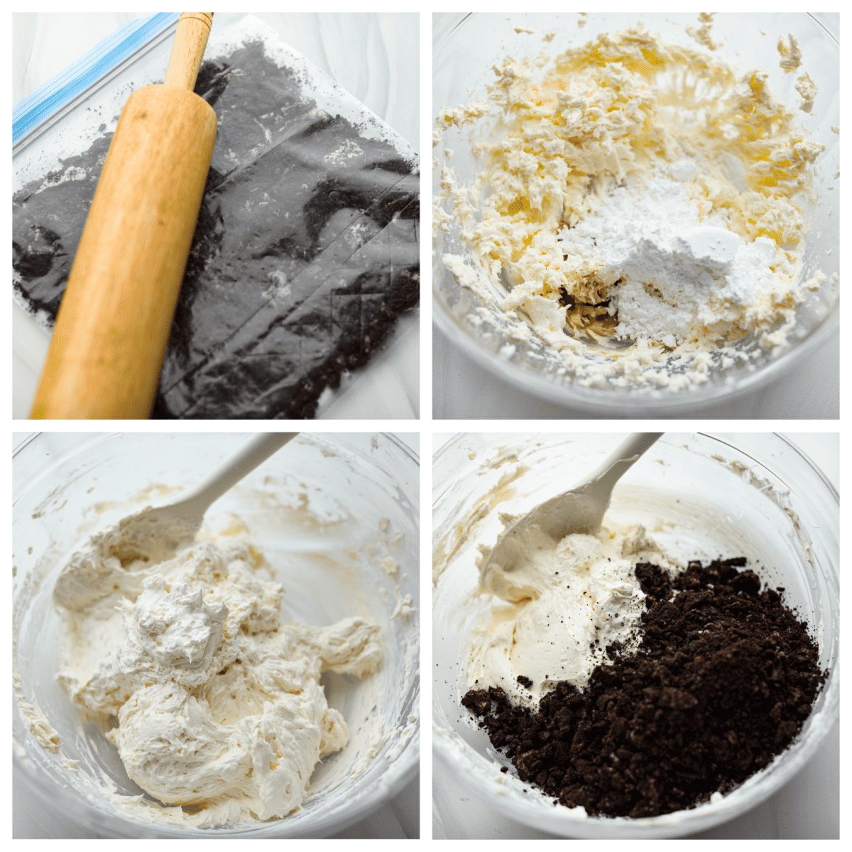 Irresistible, creamy Oreo Dip is an easy, no bake dessert dip with the most wonderful Oreo cookie flavor! Whip this treat up in just 10 minutes with Oreo cookies, cream cheese, powdered sugar, vanilla and Cool Whip. Serve with strawberries and cookies for a fun snack that's sure to be a hit! 4-photo collage of the Oreos being crushed, and the dip ingredients being mixed together.