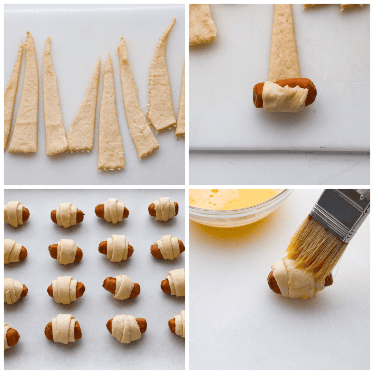 Gotta love a classic Pigs in a Blanket appetizer! These are always the first to go at a party, and for good reason. Whole all-beef hot dogs are wrapped in crescent roll dough, stuffed with cheeses and baked with a garlicky butter. They're cheesy, easy to make, and so addictive! 4-photo collage of hot dogs being wrapped in crescent roll dough, then brushed with butter.