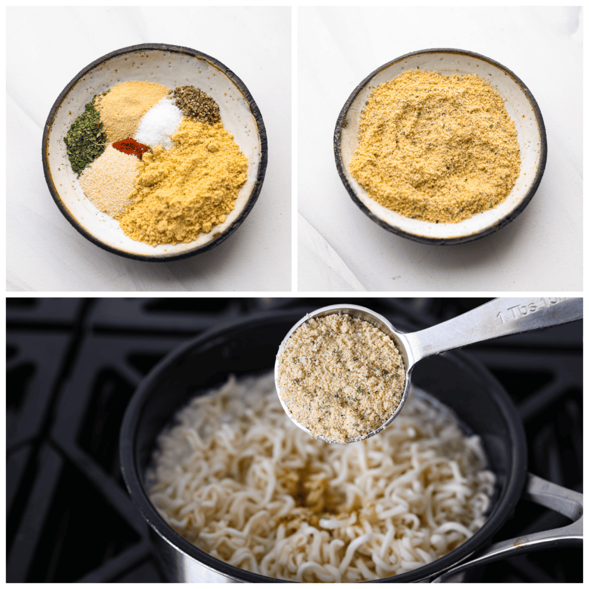 Ditch the flavor packet and elevate your bowl with this homemade ramen seasoning! Packed with savory spices and a punch of garlic, it's the secret ingredient to restaurant-worthy broth in just minutes. 3-photo collage of the seasoning mixture being combined and added to Instant noodles.