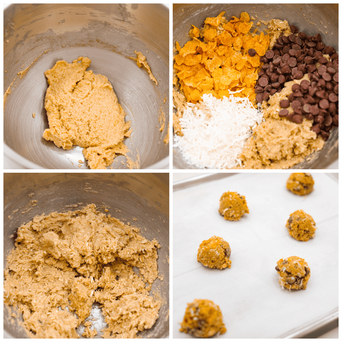 Delicious Ranger Cookies (also called Cowboy Cookies) have slightly crisp edges with soft and chewy centers, and the most wonderful texture. They are filled with hearty oats, crunchy cornflakes, shredded coconut and chocolate chips. You will be blown away by how amazing these cookies taste! 4-photo collage of the dough being prepared.