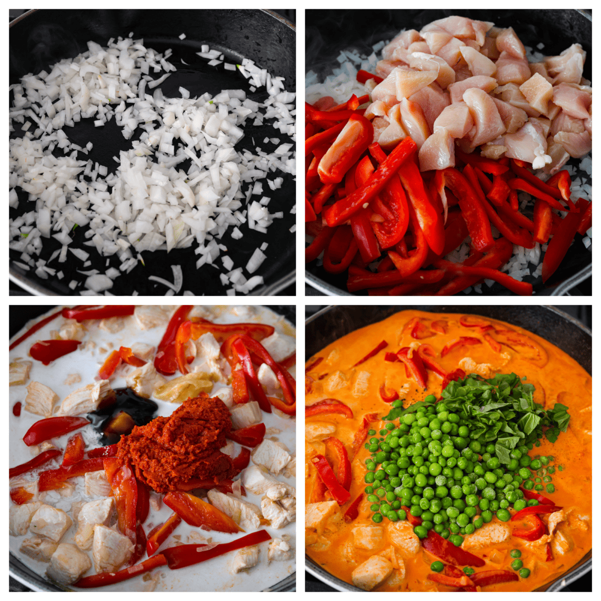 Mouthwatering Red Curry is an explosion of flavors that you're going to love! A combination of tender chicken, colorful red bell peppers, and aromatic Thai basil come together in a creamy coconut milk and curry paste sauce, for an incredibly delicious meal. 4-photo collage of all of the curry ingredients being cooked together in a skillet.