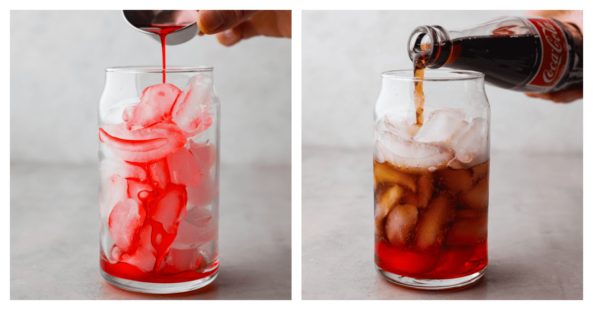 The whole family will love this fun Roy Rogers drink made with Coca-Cola, grenadine syrup, and Maraschino cherries on top! Only 3 simple ingredients to enjoy this classic non-alcoholic drink. First photo of grenadine syrup pouring into a glass over ice. Second photo of Coke pouring into the glass.