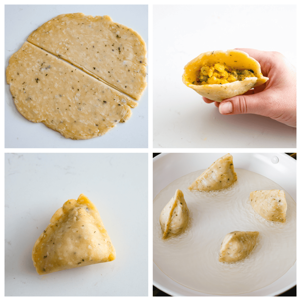 These delicious samosas are crispy Indian pastries filled with fried potato and peas, seasoned to perfection with a savory curry blend. They are an excellent appetizer or side dish for any family gathering, potluck, or get-together. Overhead shot of assembling the samosas process shots.