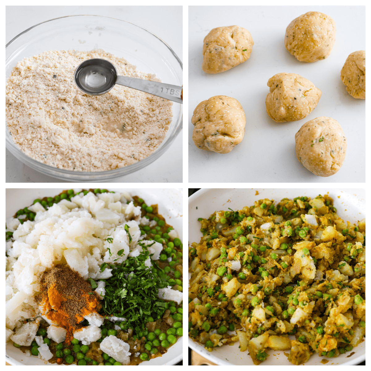 Craving some crispy, golden goodness? Look no further than these fried potato and pea samosas, seasoned to perfection with a savory curry blend. 4-photo collage of the dough and filling being prepared.