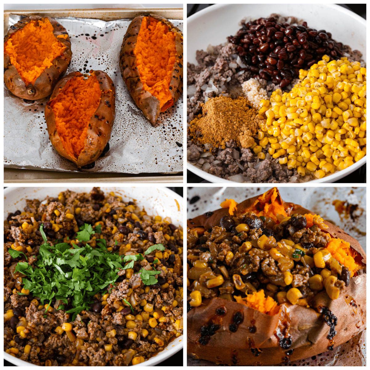 All your favorite taco fixings stuffed inside soft, tender sweet potatoes. This is a hearty, delicious dinner the whole family will love! It's meaty, cheesy, and extremely satisfying. The sweet potatoes and filling for the stuffed sweet potatoes being prepared.