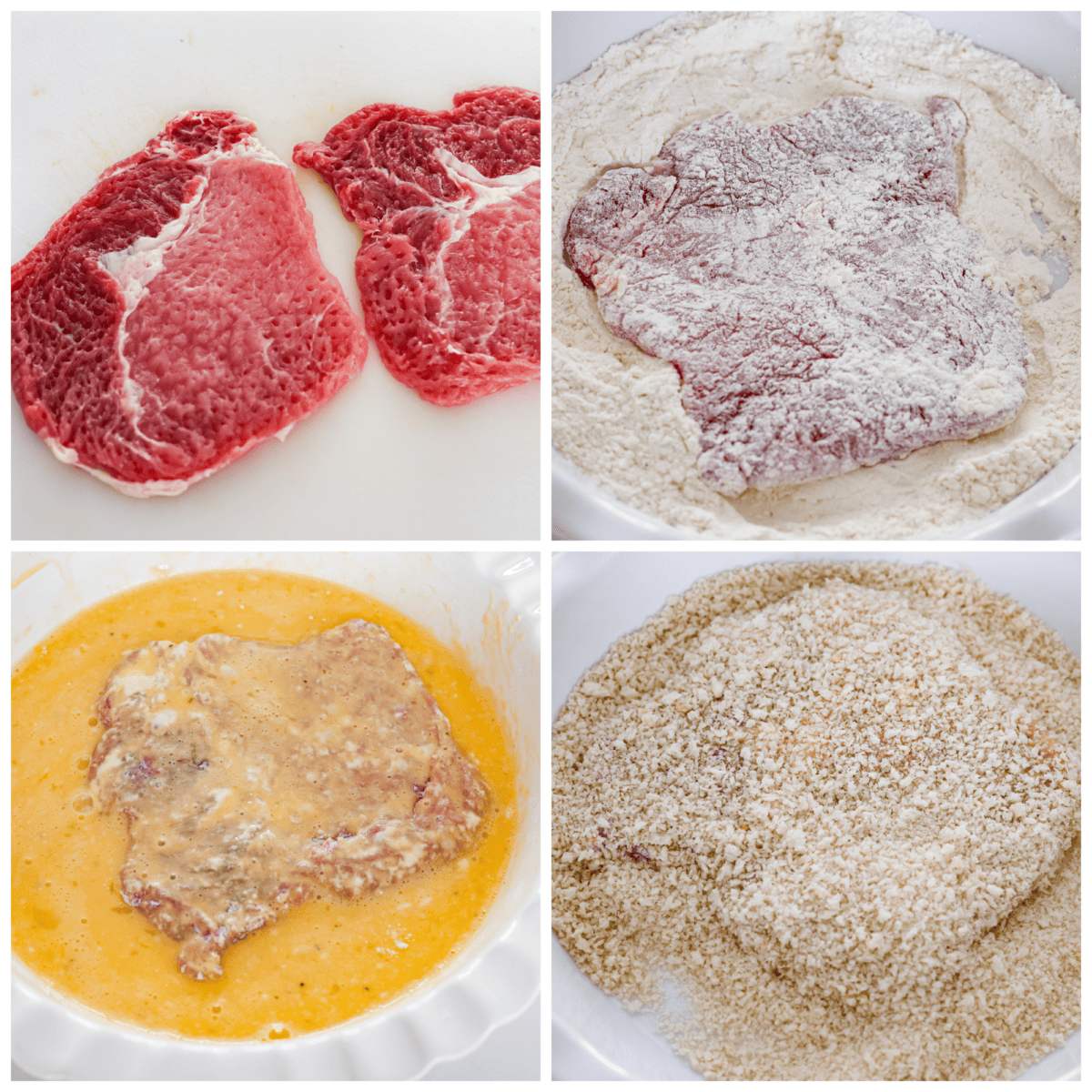 Pork loin chops flattened until thin and tender, coated in panko crumbs and fried to crispy, golden brown perfection. So delicious, this pork katsu is a comfort dish great for lunch or dinner any day of the week! 4-photo collage of the pork chops being coated in flour, egg, and panko breadcrumbs.