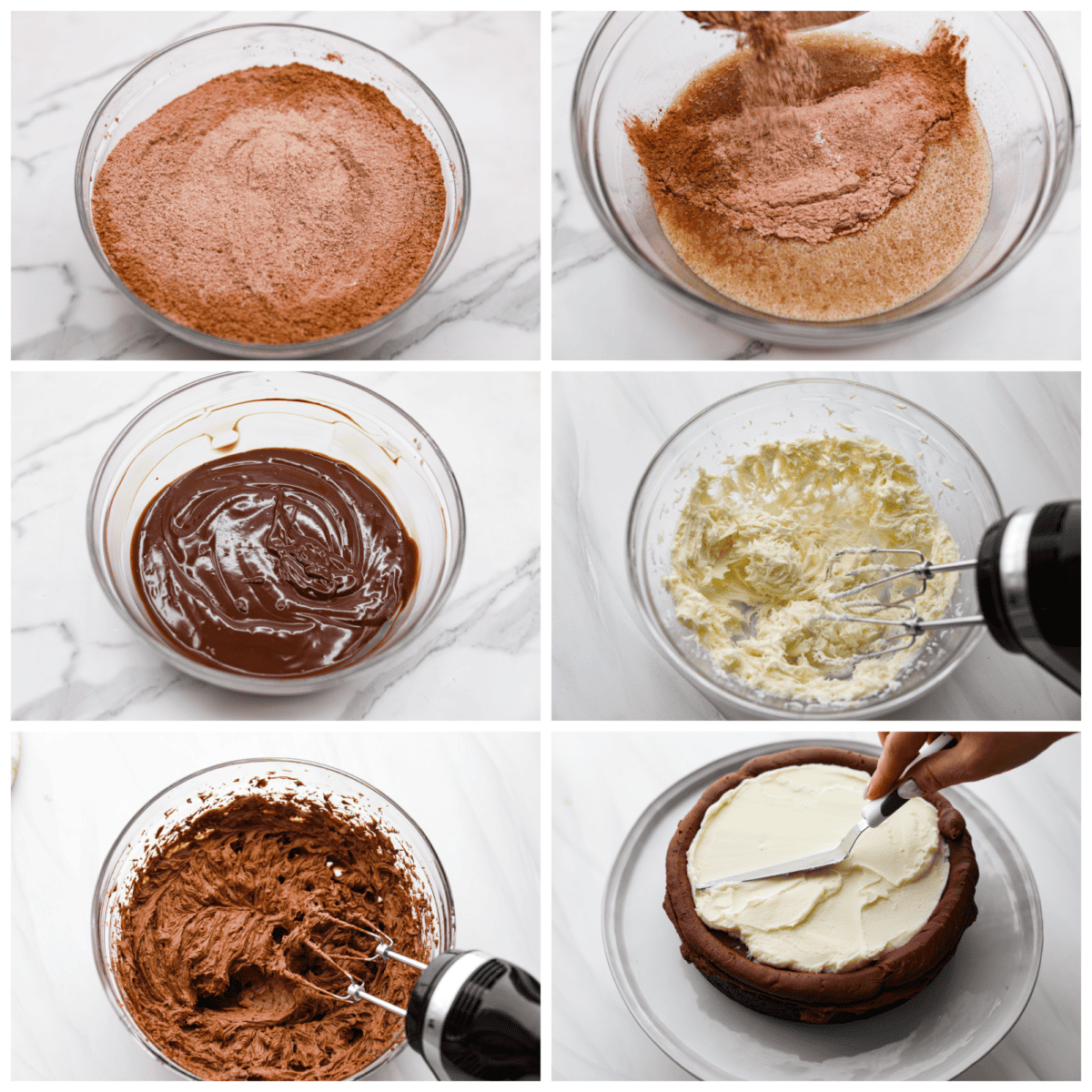 Chocolate lovers, this tuxedo cake is for you! Two layers of moist chocolate cake wrapped in chocolate and white chocolate ganache. So rich and delicious, it's almost sinful. 6-photo collage of the cake batter and ganaches being prepared.