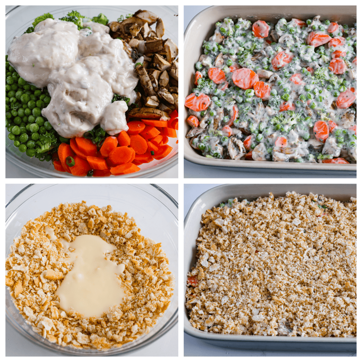 Delicious Vegetable Casserole is wonderfully creamy, flavorful and loaded up with tender broccoli florets, carrots, mushrooms and peas. It's topped with crispy buttered Ritz cracker crumbs, and baked to golden brown perfection. A dish that's sure to be the highlight of your dinner! 4-photo collage of the vegetables, creamy sauce, and crunchy topping being layered.