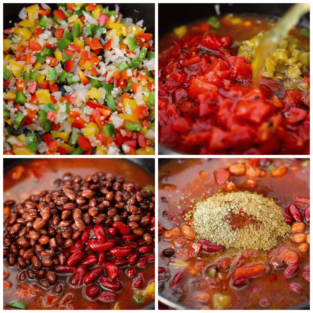 Introducing the ULTIMATE vegetarian chili recipe! It's full of tender vegetables, a combination of beans, and loaded with seasonings. It's an easy one-pot chili bursting with so many flavors and textures that you won't even miss the meat! First photo of peppers and onions cooking in a pot. Second photo of the tomatoes, green chilies, and broth added to the pot. Third photo of the beans added to the chili. Fourth photo of the seasonings added to the pot.