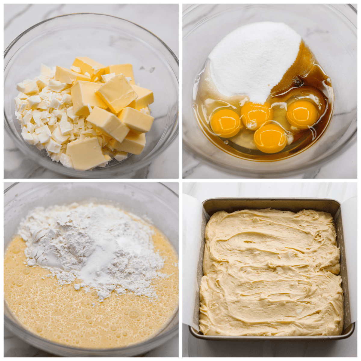 Moist, chewy, and loaded with creamy white chocolate flavor, these brownies will be your new favorite dessert. It only takes a few pantry staples to whip them up and they turn out perfectly every time. 4-photo collage of the brownie batter being mixed up and added to a pan.