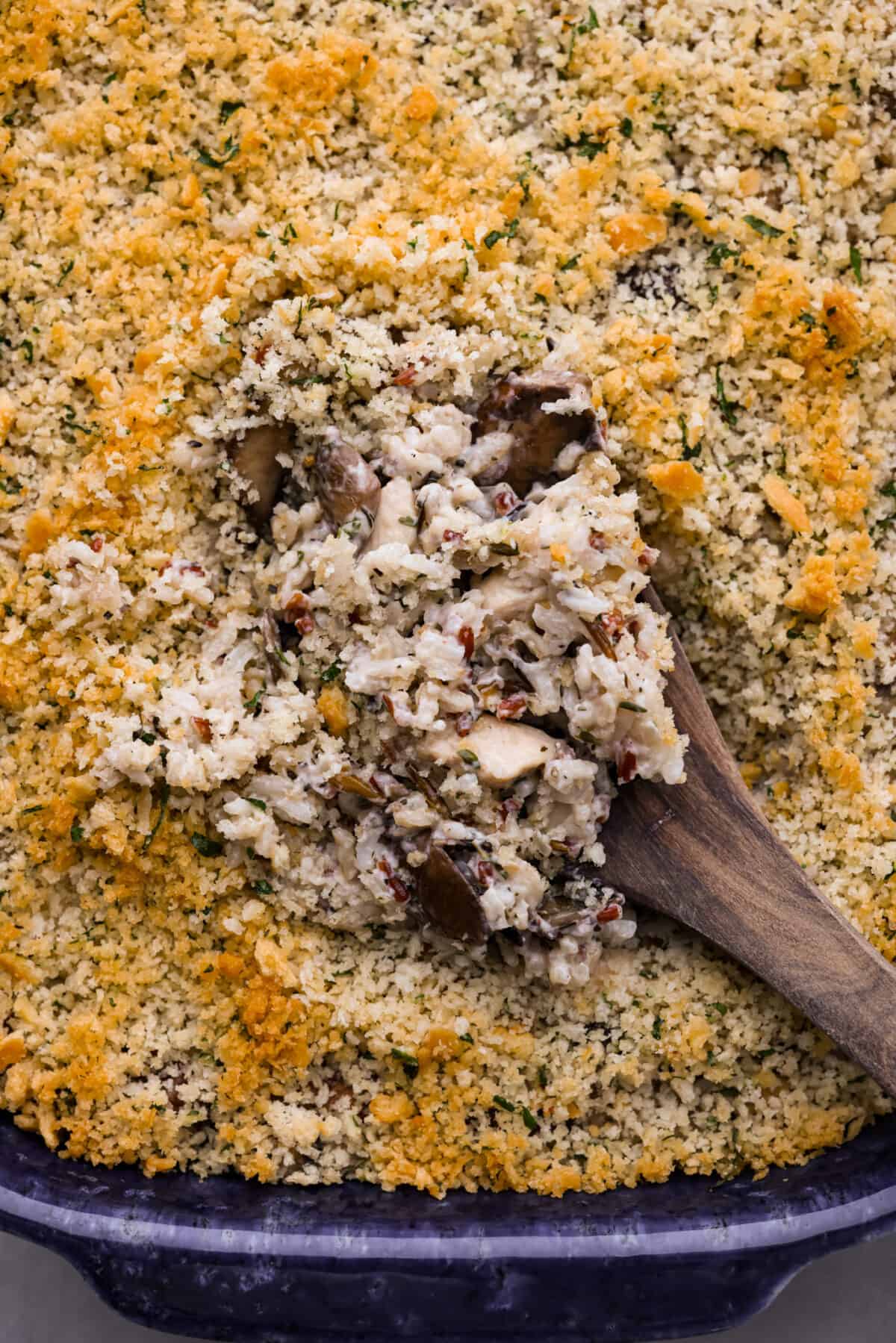 Chicken and wild rice casserole is an easy, comforting meal that the whole family will enjoy! You just can't go wrong with tender chicken and wild rice in a creamy sauce, and topped off with buttery breadcrumbs. Closeup of a scoop of chicken and wild rice casserole.