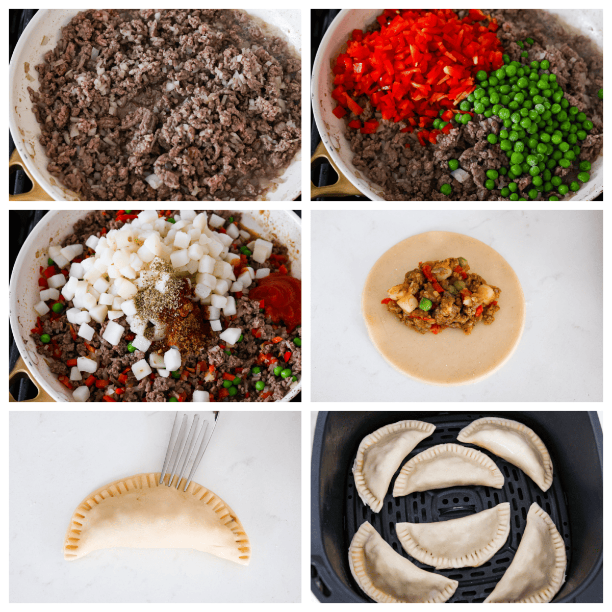 Empanadas made easy by cooking them in the air fryer and using premade pie crusts for the dough! 6-photo collage of the empanadas being assembled.