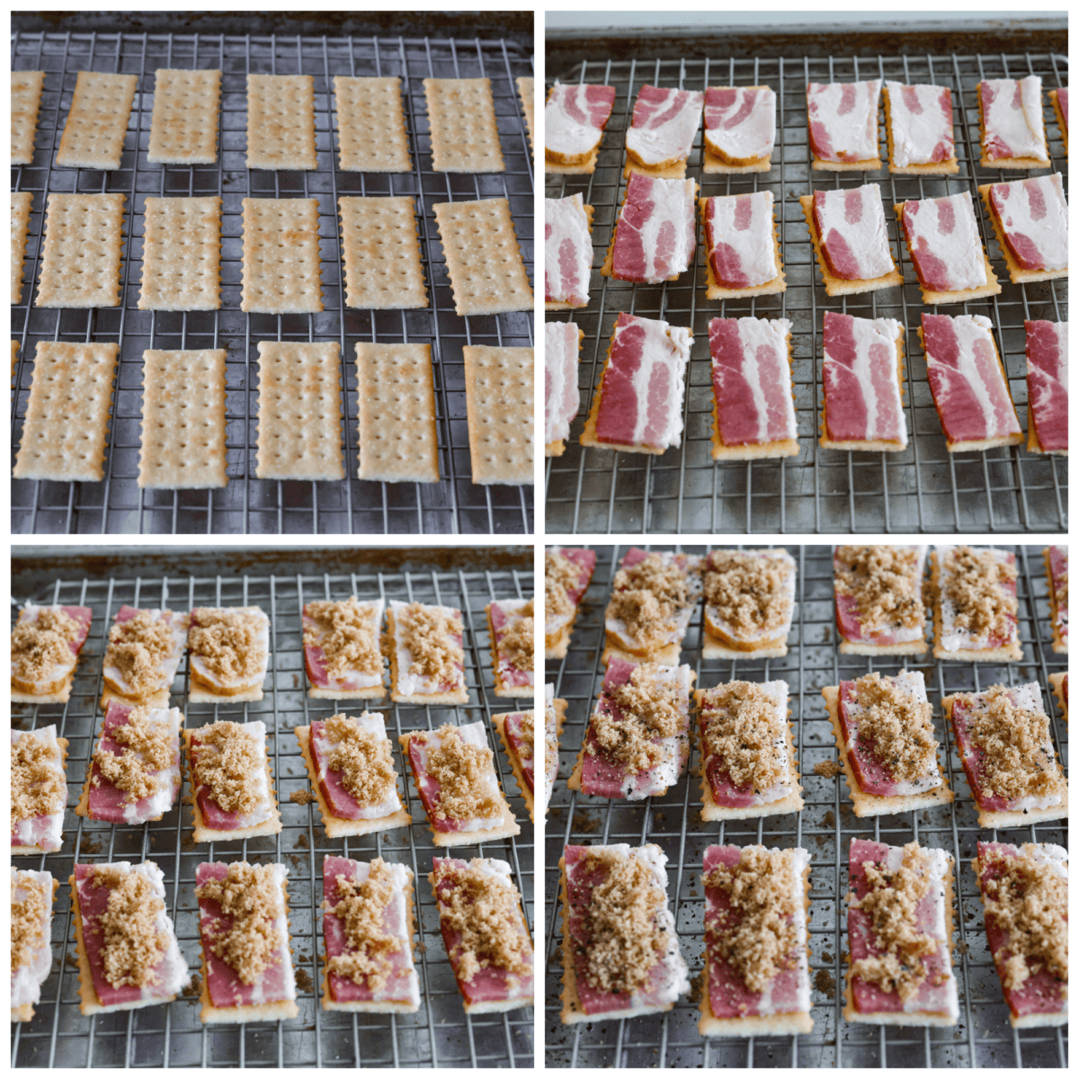 Introducing the easiest and tastiest appetizer that every party needs! Bacon crackers start with a buttery cracker layered with salty bacon and sprinkled with brown sugar and black pepper. It only takes 4 ingredients to make this sweet and salty snack. First process photo of crackers lined on a baking rack. Second process photo of the bacon placed on top of the crackers. Third process photo of the brown sugar sprinkled on the bacon. Fourth process photo of pepper sprinkled on top.