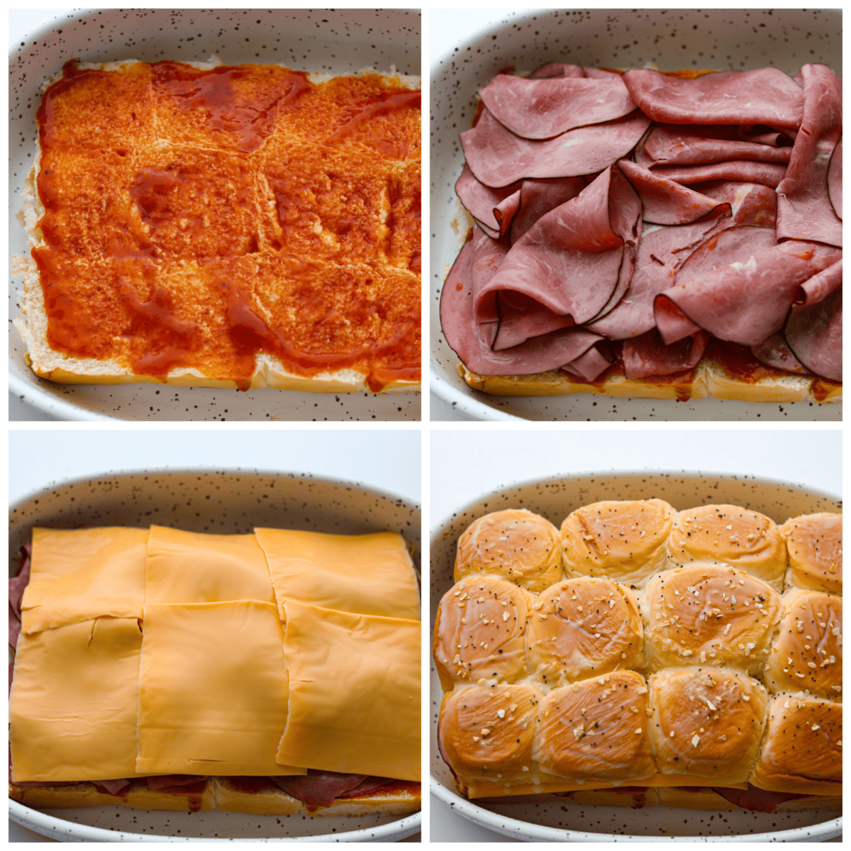 These copycat Arby's beef and cheddar sliders are a must-make for your next gathering. Soft Hawaiian buns topped with sliced roast beef, melty American cheese, onion flakes, and homemade Arby's sauce, brushed with a buttery glaze. Hawaiian rolls being layered with sauce, meat, and cheese.