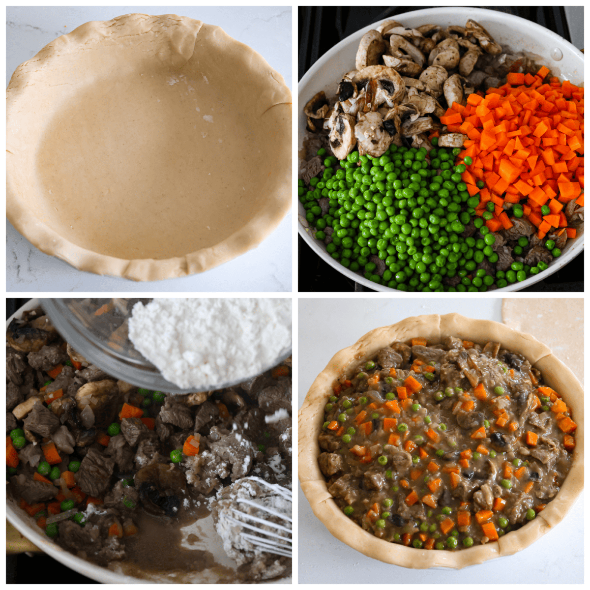 Classic comfort food with a homemade twist! This hearty beef pot pie features tender chunks of beef, savory veggies, and a rich gravy all nestled in a flaky double crust! (You can use store-bought crusts for easy prep!) 4-photo collage of the beef filling being prepared and added to a pie crust.