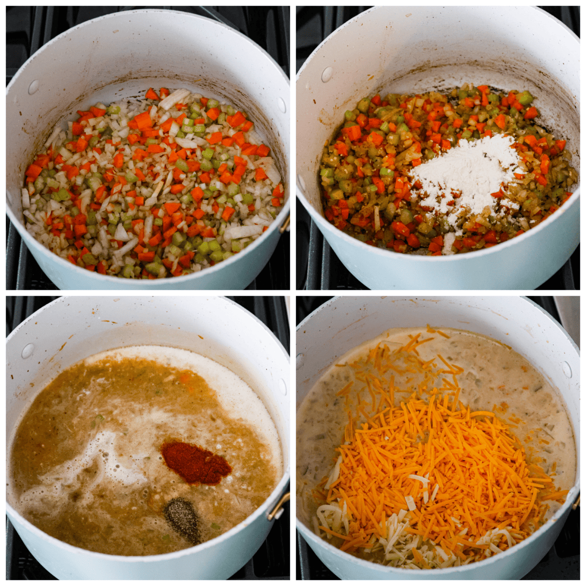 If you're looking for a hearty and comforting soup that's also packed with flavor, this beer cheese soup checks all the boxes! It's made with simple ingredients like bacon, vegetables, and cheese, and the beer adds a subtle depth of flavor that will have you coming back for seconds. 4-photo collage of the soup being prepared on the stove.