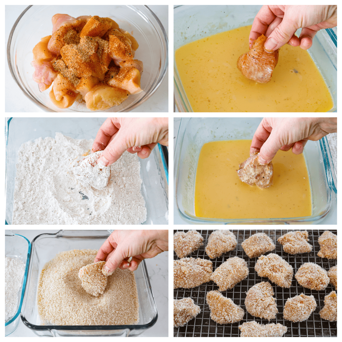 If youโre still working on your Super Bowl food lineup, add these amazing boneless wings to the list! They have a crispy buttermilk breading and are tossed in a mouthwatering buffalo sauce. A piece of chicken being breaded, step-by-step.