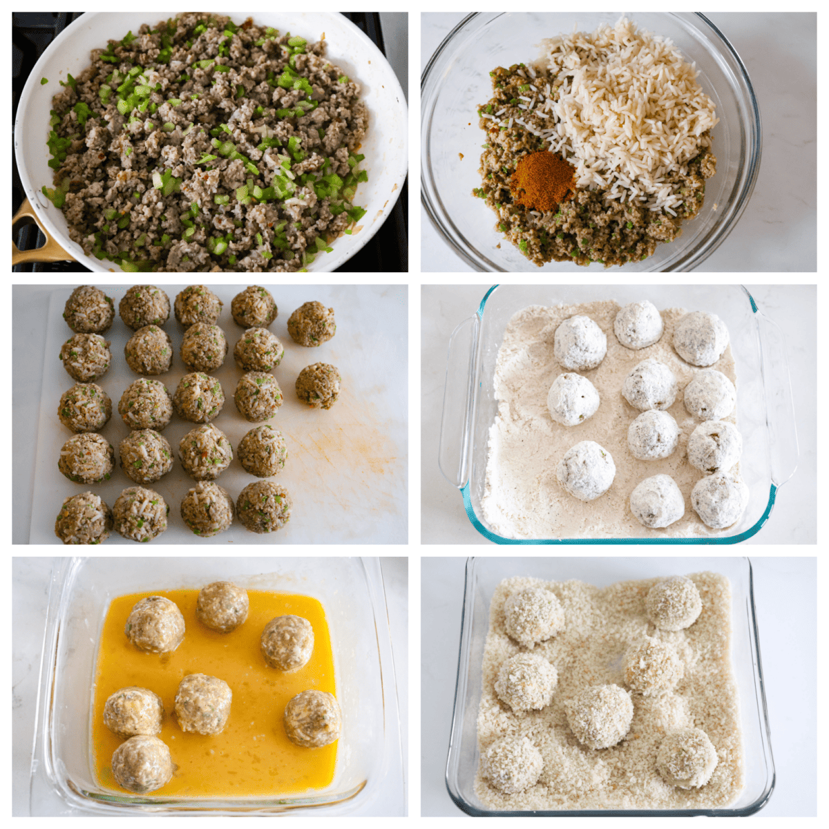 Crispy on the outside and perfectly tender inside, Boudin Balls are a Cajun classic! A seasoned mixture of sausage, veggies, and rice is formed into balls, then breaded and fried until deliciously crisp and golden. Set of six process shots showing detailed images of cooking the sausage and veggies, making the balls, dredging them in flour, egg mixture and bread crumbs.