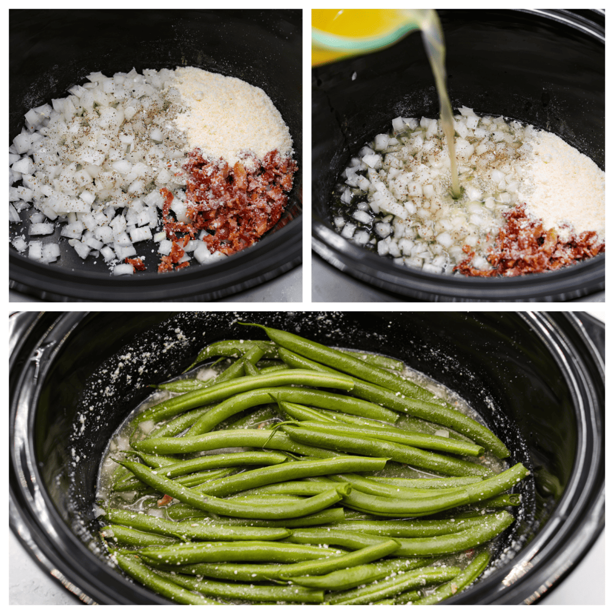These Crockpot Green Beans are perfectly tender, packed with flavor and so easy to cook in your slow cooker. All you need is 5 minutes of prep time to have a side dish that pairs well with almost any meal! Adding green beans to a Crockpot along with Parmesan cheese, bacon, diced onions, and garlic.