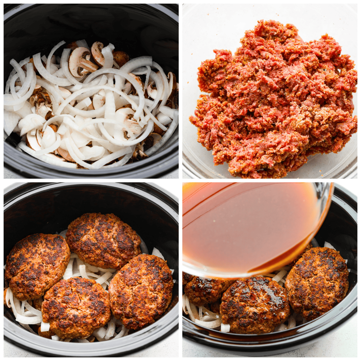 Make dinnertime easy with this Crockpot Salisbury Steak recipe! Juicy beef patties slow cooked to tender perfection in an onion and mushroom gravy. This is a no-fuss dinner that is so hearty and delicious! 4-photo collage of the vegetables, beef patties, and gravy mixture being added to a Crockpot.