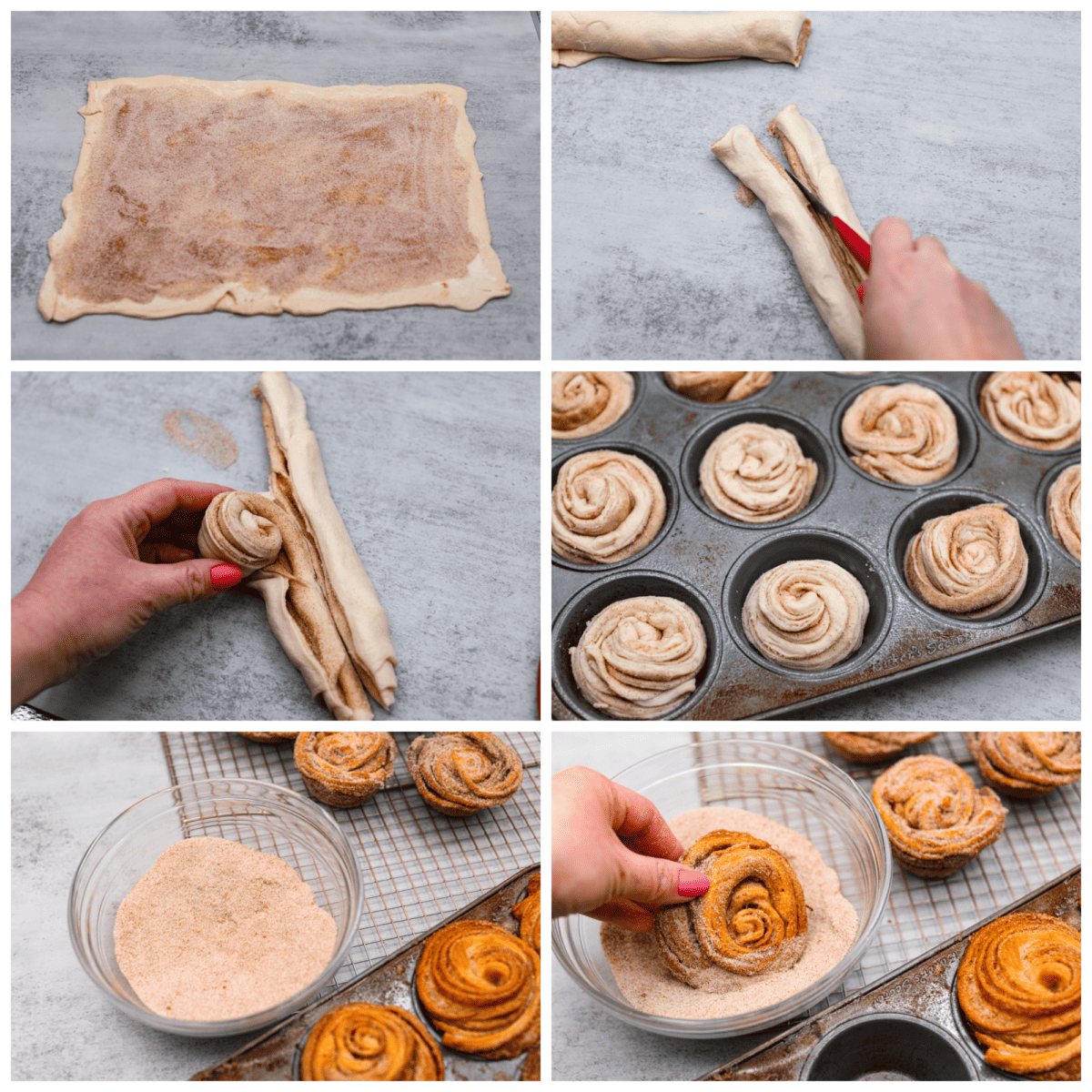 Outrageously wonderful Cruffins are made with just 4 ingredients for a sweet brunch treat that is loved by all! These tender, buttery pastries are made with crescent roll dough rolled up with a cinnamon-sugar mixture and baked until they're fluffy and soft! The croissant dough being filled with a cinnamon sugar mixture, rolled, added to a muffin pan, then baked.