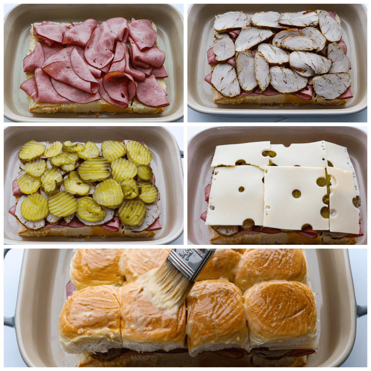 These Cuban Sliders are about to become your new go-to party dish! Think melty Swiss cheese, dill pickles, and all the meaty goodness of a Cuban sandwich, but bite-sized and perfect for sharing. Collage of each layer being added to the slider buns.