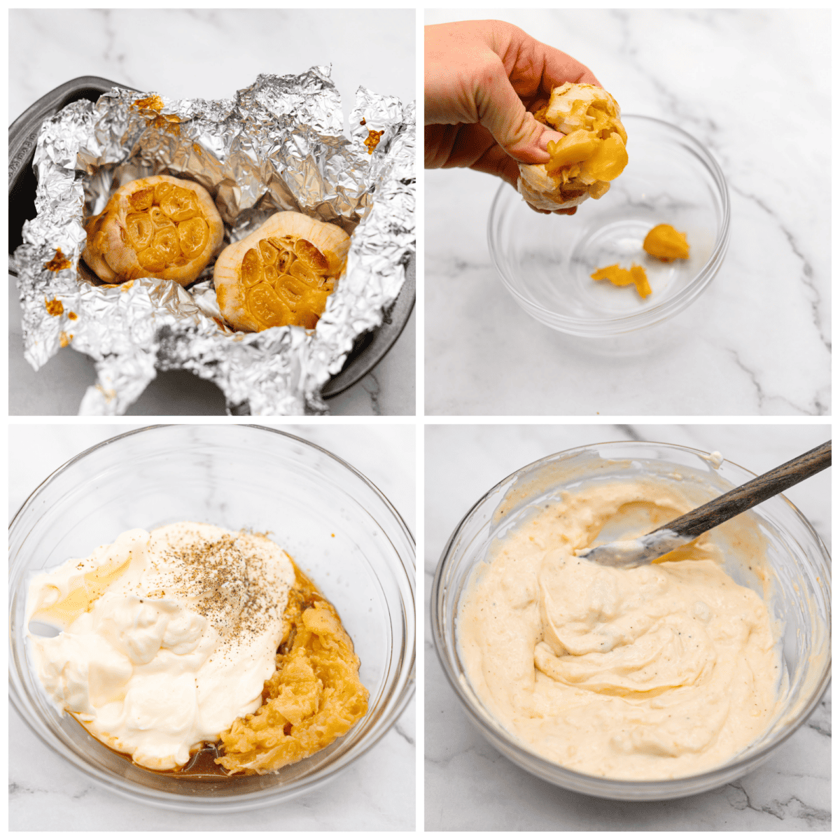 Slather this creamy donkey sauce on your next burger, or serve it with a side of fries! The roasted garlic in this flavor-packed condiment takes this sauce to the next level! Guy Fiery knew how to create a burger sauce the world can't live without! First photo of roasted garlic in a foil lined pan. Second photo of squeezing the garlic. Third photo of the ingredients added to the bowl of roasted garlic. Fourth photo of the donkey sauce mixed in a glass bowl.