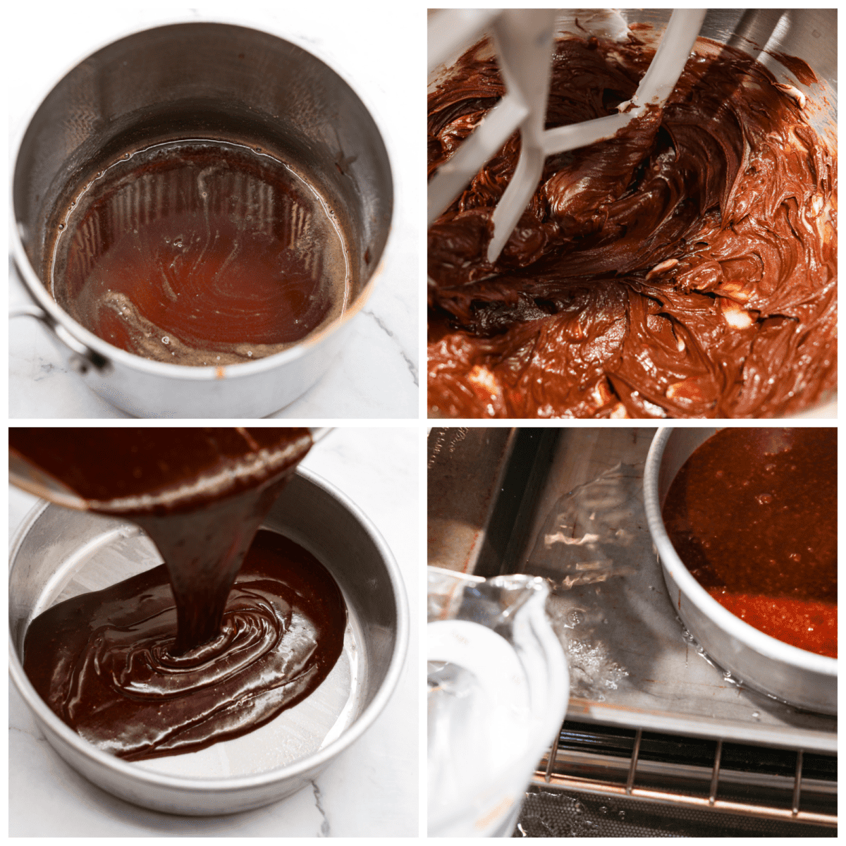 Flourless Chocolate Cake is an insanely rich and delicious chocolate dessert.ย Similar to the inside of a truffle, this gluten-free dessert will satisfy your sweet tooth with ease! 4-photo collage of the cake batter and water bath being prepared.