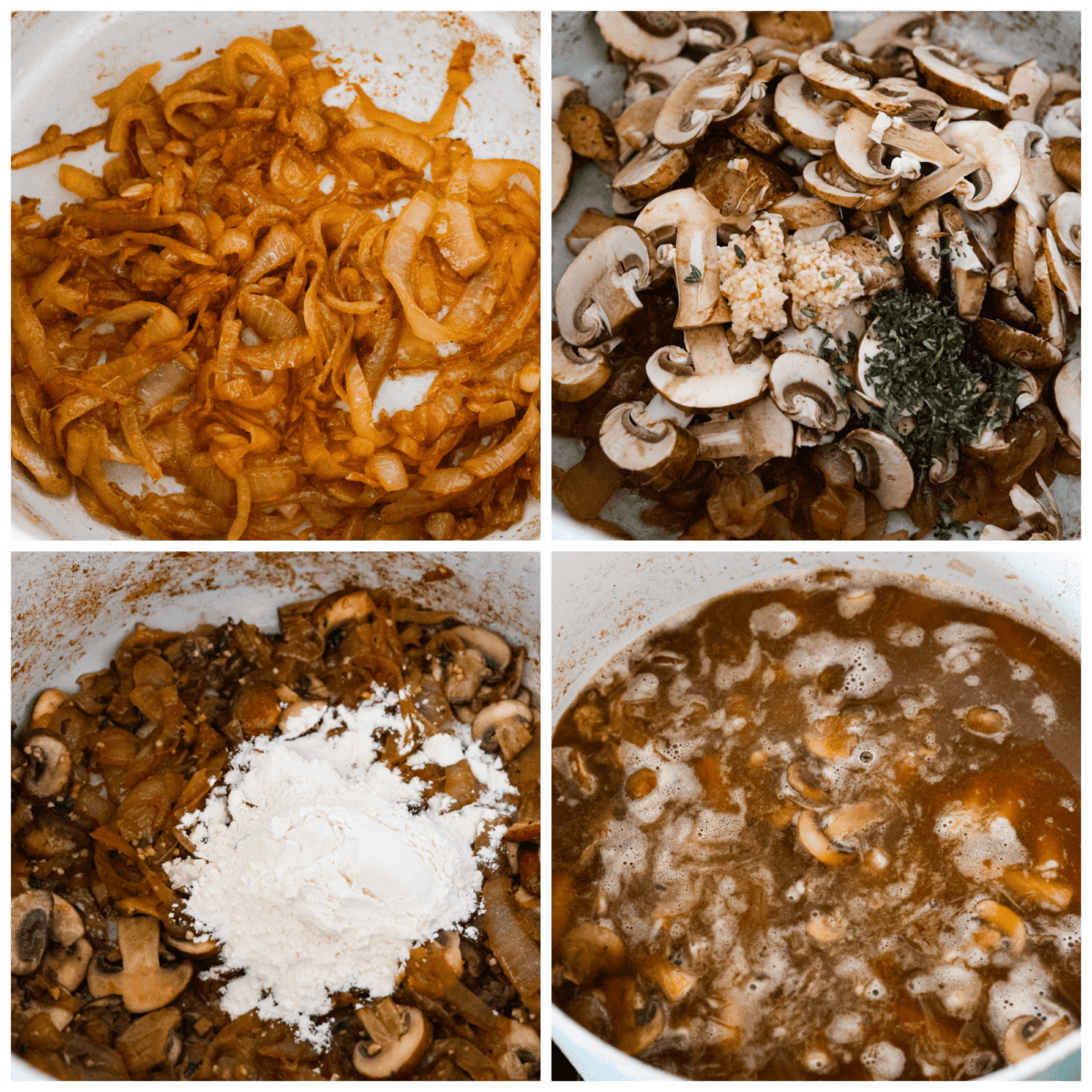 French Onion Pasta has all of the delicious flavors of the classic soup in pasta form! Caramelized onions, garlic, mushrooms, and thyme are combined with beef broth, pasta, Worcestershire sauce and parmesan cheese to create an incredible dish. 4-photo collage of the onions and mushrooms being cooked together.