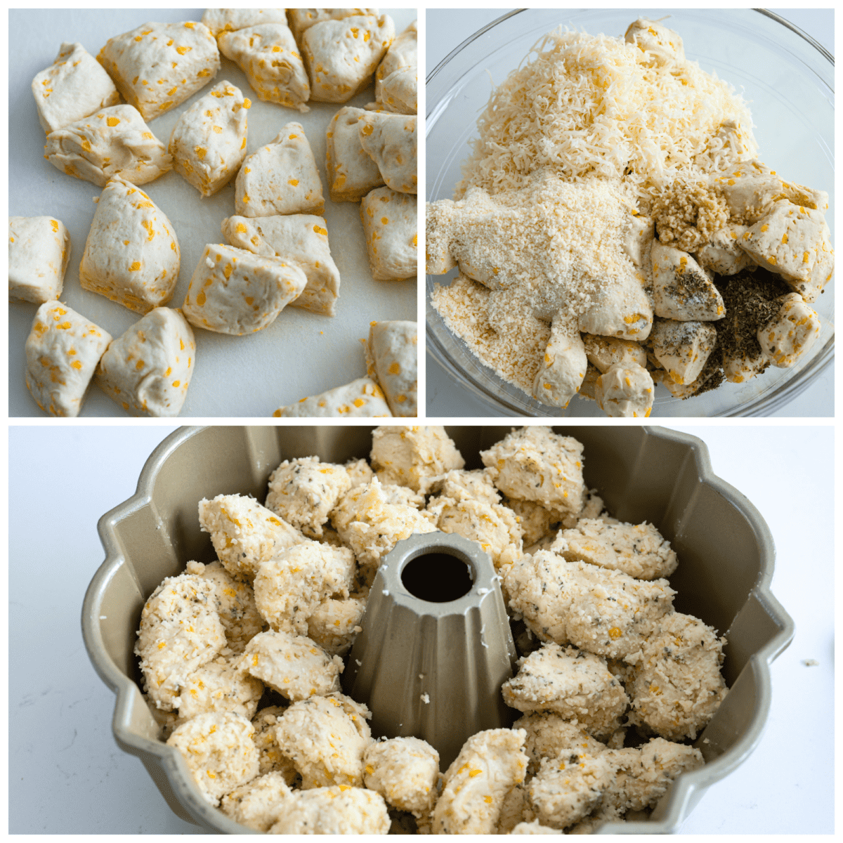 This garlic parmesan pull-apart bread is soft, flavorful, and beyond easy to make! It's filled with cheesy garlic flavor and is just the perfect size for dipping in all of your favorite sauces! The biscuit dough being coated in a cheesy coating and added to a bundt pan.