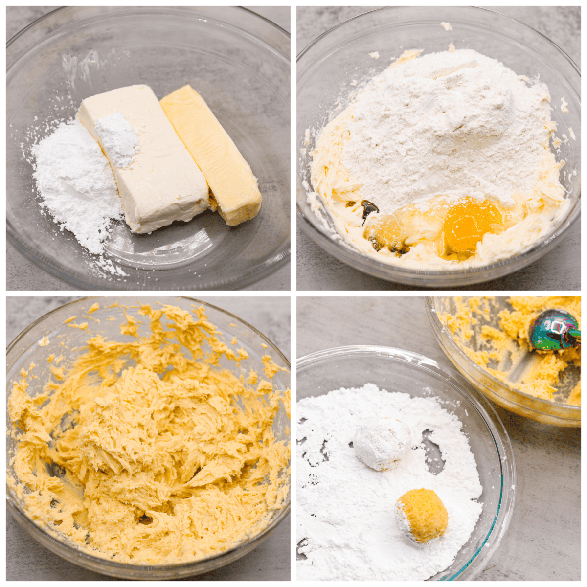 Rich, chewy, and topped with a dusting of powdered sugar, these gooey butter cookies are every cookie lover’s dream! You only need a handful of simple ingredients to make them. Give them a try and watch them fly off the table! 4-photo collage of the cookie dough being mixed together and shaped into balls.