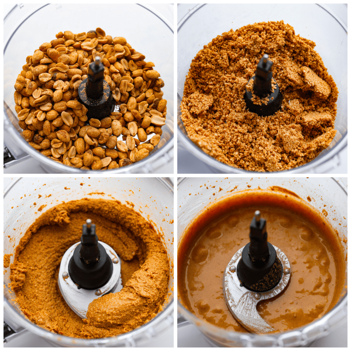 Skip the preservatives and make your own homemade peanut butter in minutes with this easy recipe! So simple and delicious, you won't want it any other way. 4-photo collage of the peanuts being blended.