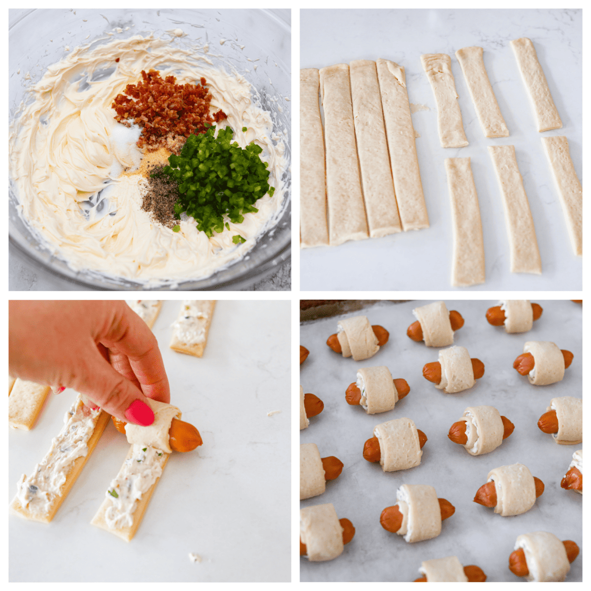 Upgrade the flavors of a classic appetizer with these jalapeño popper pigs in a blanket. Smokey cocktail sausages and jalapeño cream cheese wrapped in a blanket of buttery crescent dough. The jalapeño popper flavors add a creamy and spicy layer that tastes like it was meant to be there all along! First photo of the cream cheese, bacon, jalapenos, and seasoings in a bowl. Second photo of the crescent dough cut. Third photo of the dough wrapping round the smokies. Fourth photo of the pigs in a blanket lined on a sheet pan before baking.