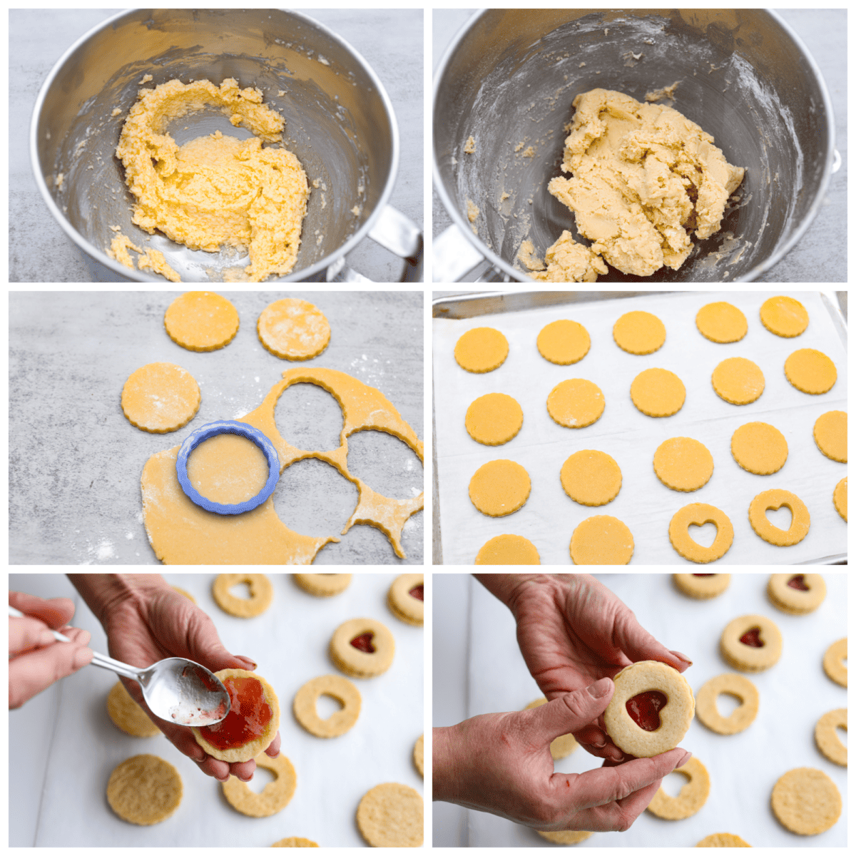Adorable Jammie Dodgers feature tart strawberry jam sandwiched betweenย buttery shortbread cookies for a gorgeous treat that will be the star of any dessert spread! 6-photo collage of jammie dodger cookies being prepared.