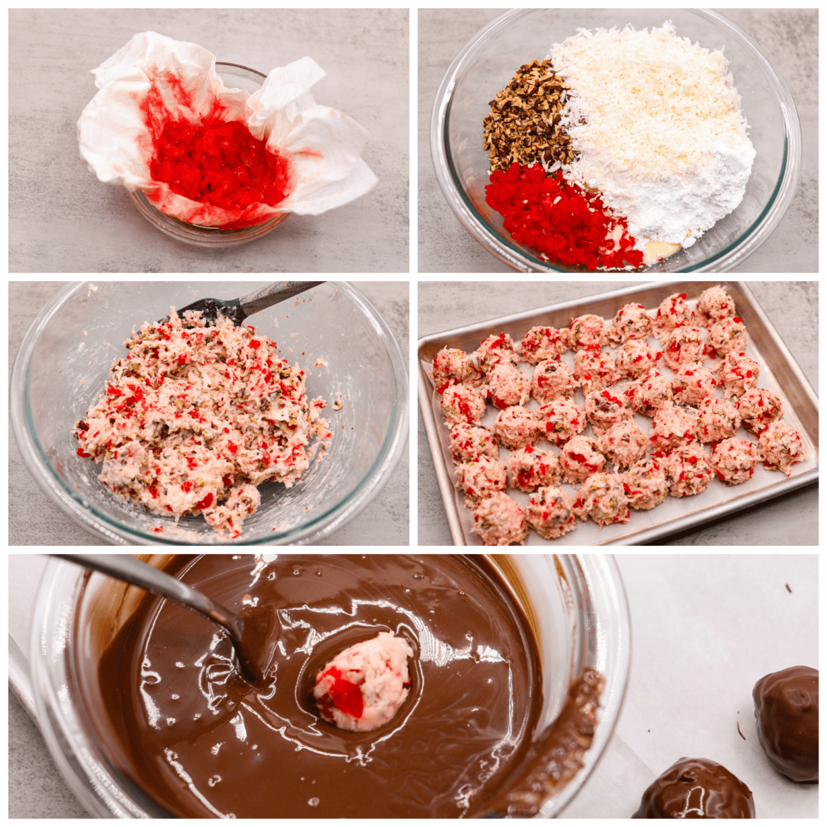 Martha Washington Candy is an easy no-bake treat filled with cherries, coconut and pecans, and then coated in chocolate. Perfect for Christmas and Valentine’s Day! 5-photo collage of the chocolate-coated cherry truffles being prepared.