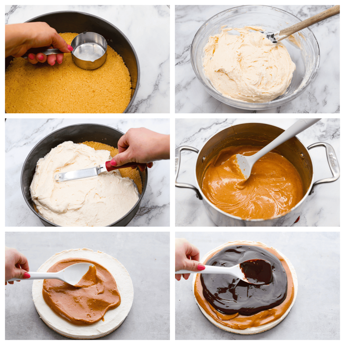 Delight in pure dessert heaven with this No-Bake Millionaire Cheesecake! It has four amazing layers that start with a shortbread crust, topped with a creamy cheesecake filling, then rich caramel and chocolate ganache to finish it off. And the best part? Itโs so easy to make with no baking required! 4-photo collage of the cheesecake, caramel, and chocolate ganache layers being added to a springform pan.