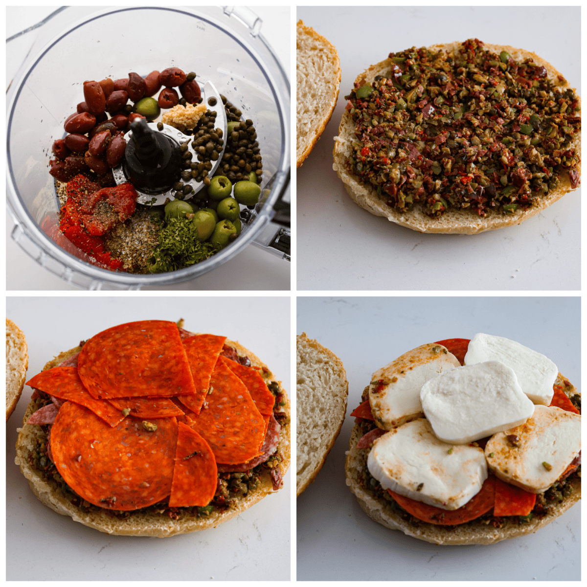 The Muffuletta is an iconic sandwich from New Orleans that is piled high with layers of meat, cheese and a delicious olive salad! Served on either Italian bread or muffuletta bread, youโll be obsessed after the first bite! 4-photo collage of the olive spread and sandwich being prepared.