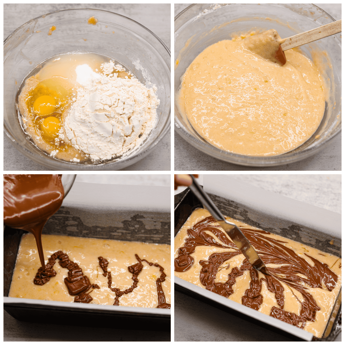 Treat yourself to the most incredible flavor and texture of this Nutella banana bread. One bite and you will be obsessed with the moist, tender crumb and how wonderful this quick bread tastes. It's a great way to use up ripe bananas and perfect for any occasion! 4-photo collage of the zucchini bread batter being prepared.
