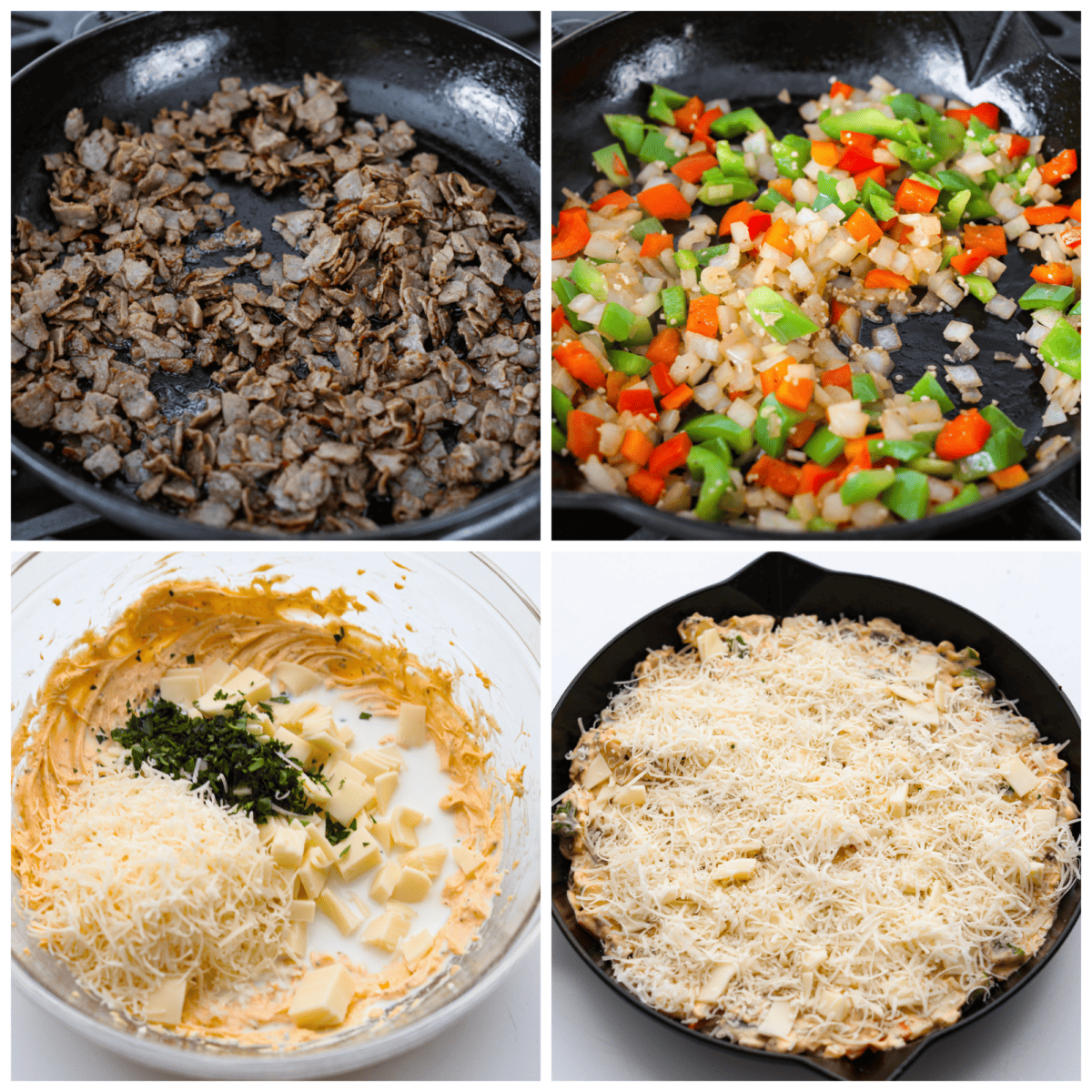Craving a Philly cheesesteak but want something dippable and shareable? Skip the sandwich and whip up this Philly Cheesesteak Dip instead. It's bursting with tender roast beef and savory spices, all in a creamy, cheesy base. A must-make appetizer for any occasion! 4-photo collage of all of the dip ingredients being added to a baking dish.