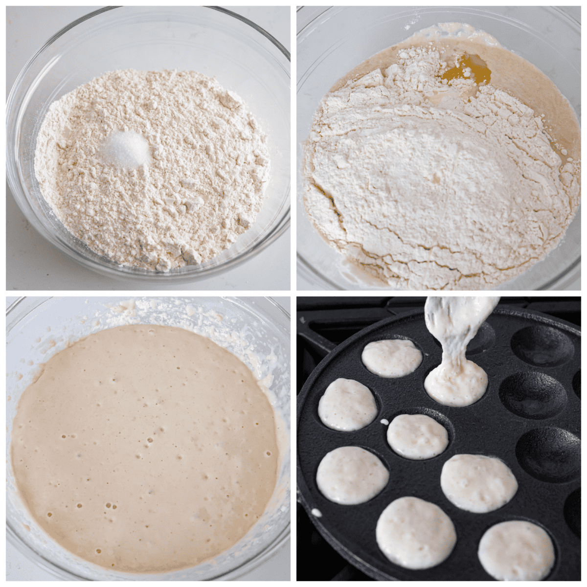 Poffertjes are small, fluffy Dutch pancakes that are so delicious for breakfast! Serve them with a dusting of powdered sugar and fresh berries for a meal that everyone will love. 4-photo collage of the pancake dough being prepared and poured into a pan.