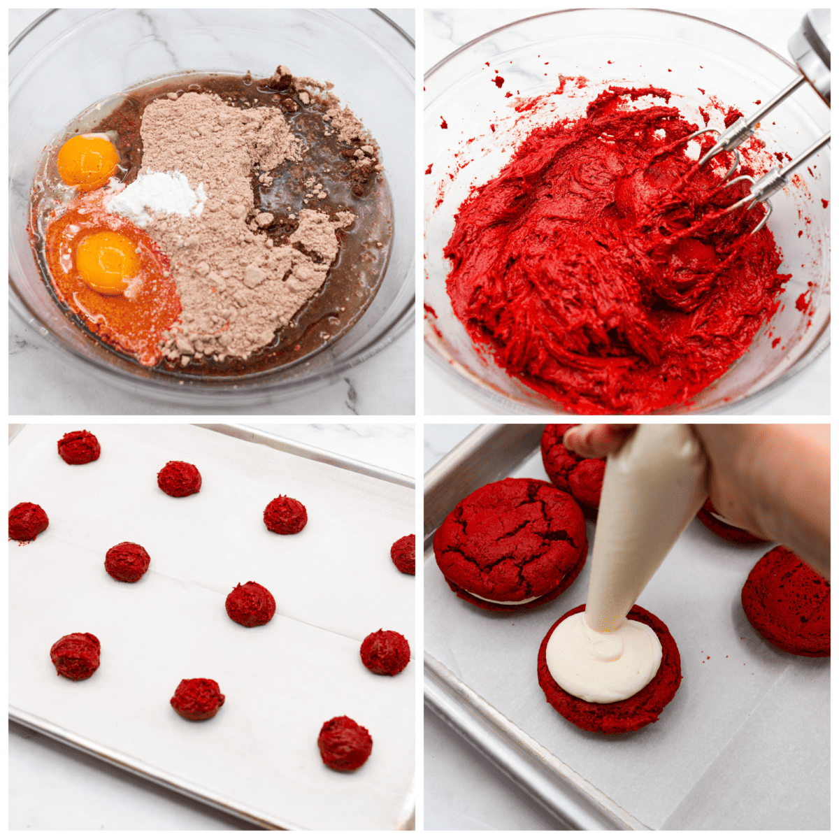 These vibrant red velvet Oreos are filled with a sweet cream cheese frosting and are irresistibly cute! Super easy to make from a red velvet cake mix, but SO delicious that no one will ever know. First process photo of the cake mix, oil, eggs, and baking powder in a bowl. Second process photo of the cookie batter mixed. Third process photo of the dough scooped on a cookie sheet. Fourth process photo of the frosting added to a cookie.