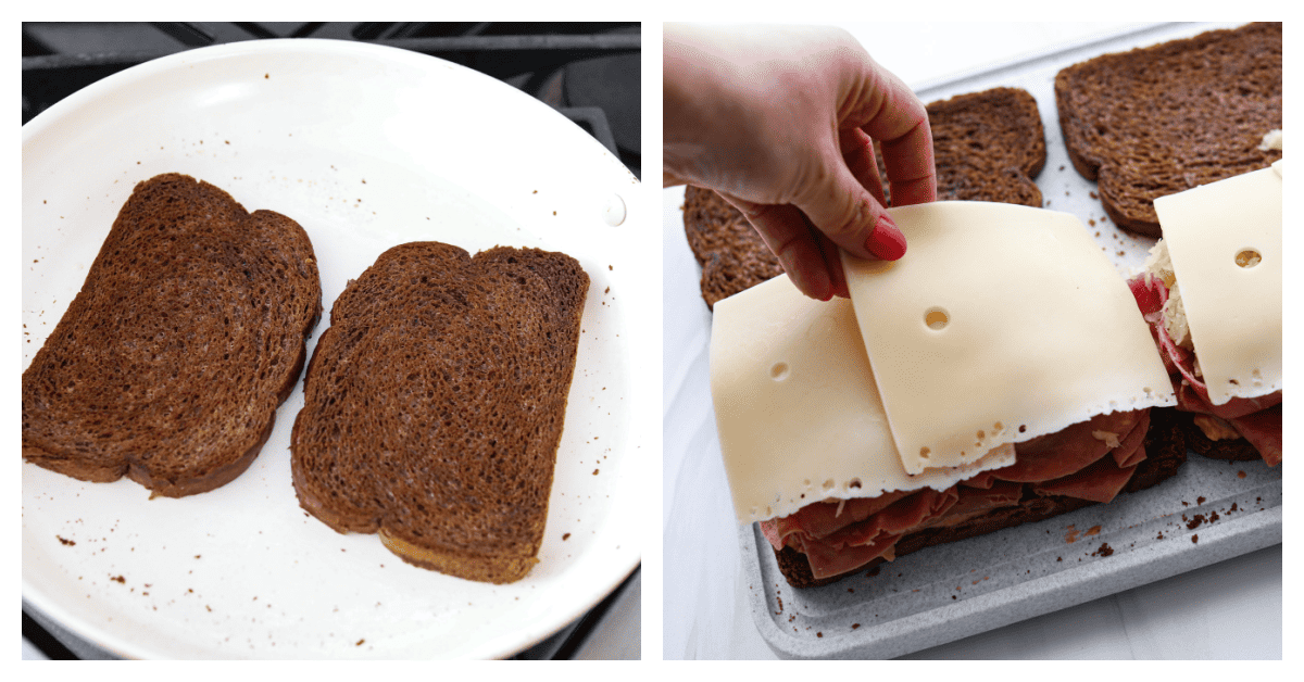 This incredible Reuben Sandwich is stuffed to the brim on rye bread with layers of thinly sliced corned beef, plenty of Swiss cheese, sauerkraut, and dressing. Broiled until the cheese is melty and everything is warm and flavorful, this is one epic sandwich! 2-photo collage of the sandwich being assembled.