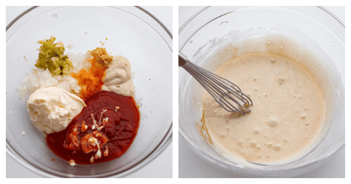 Homemade Russian dressing is a creamy and flavorful condiment perfect for sandwiches, burgers, and even as a dip. It's easy to make with simple ingredients and has the perfect balance of sweet, tangy, and spicy flavors. All of the sauce ingredients being mixed together.